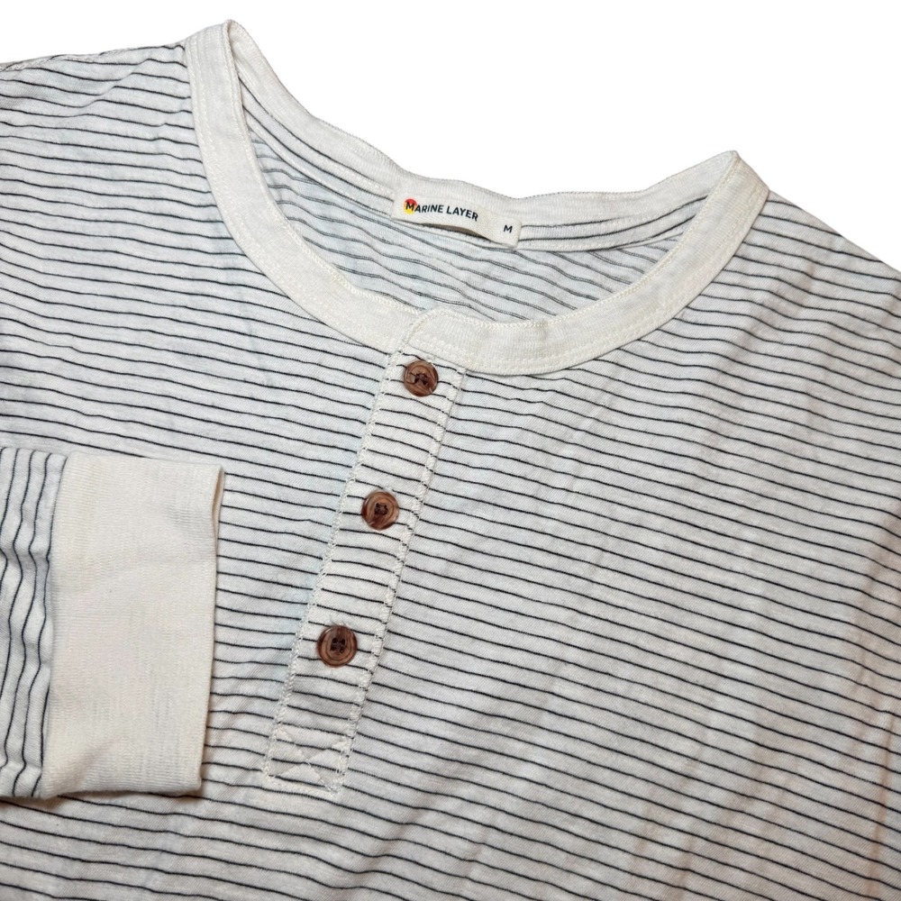 Marine Layer Mens Medium Long Sleeve Henley Shirt Striped Cream Navy Blue 10102